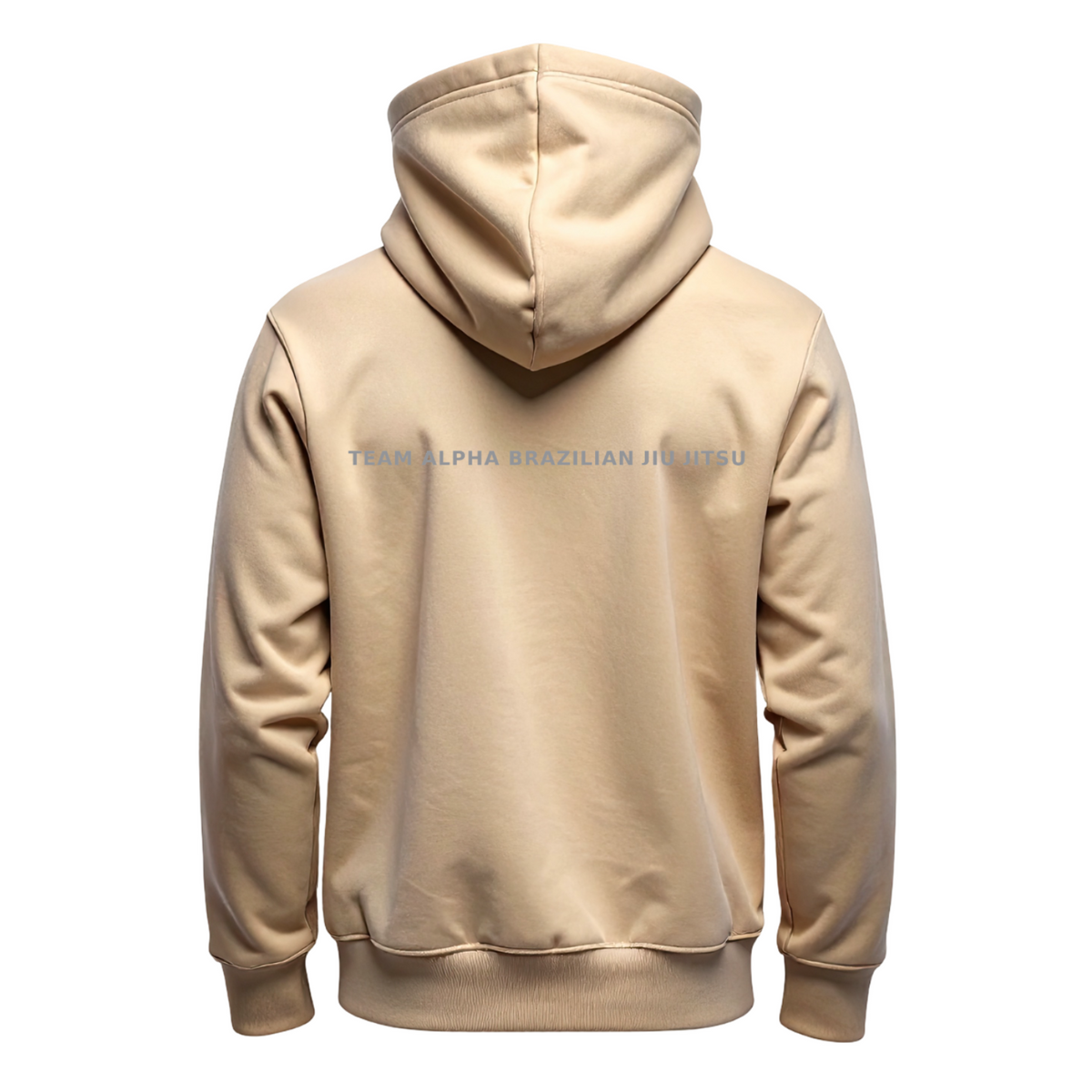 A beige pullover hoodie shown from the back, featuring a small light blue text graphic on the upper back that reads 'TEAM ALPHA BRAZILIAN JUJITSU'. The hoodie is displayed on a clean white background.