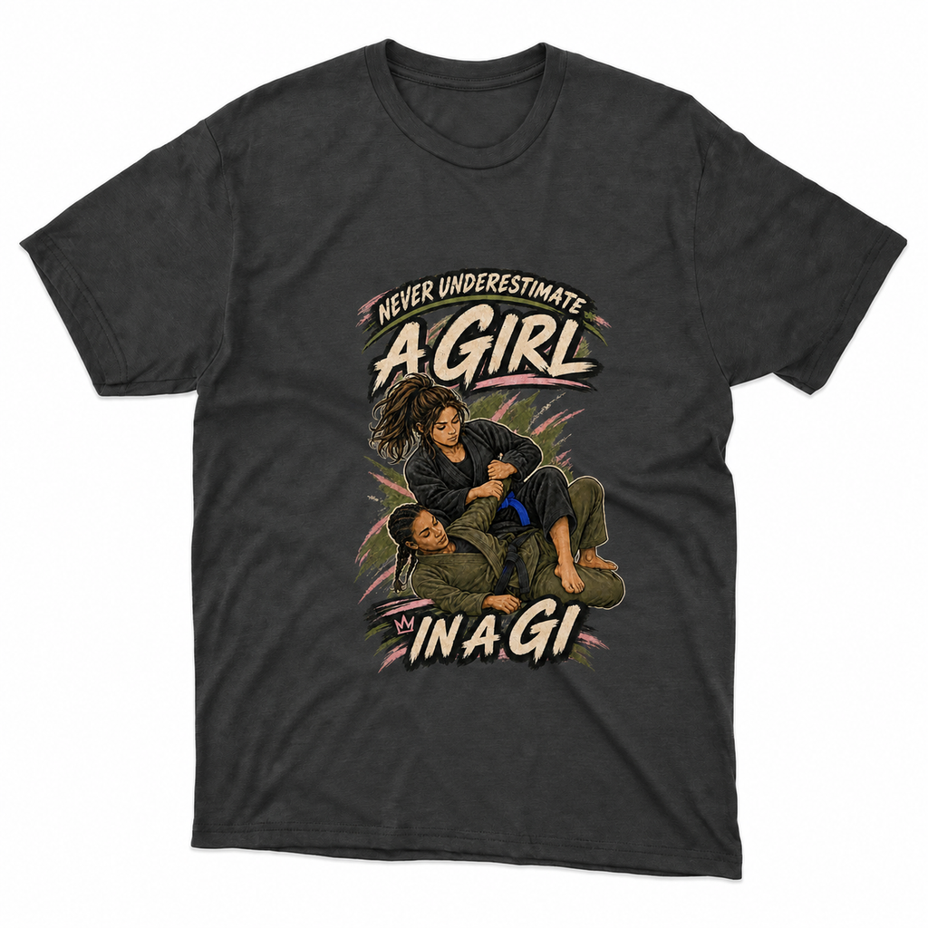 A dark charcoal gray graphic t-shirt featuring an illustration of a woman in Brazilian Jiu-Jitsu (BJJ) gear with the text 'NEVER UNDERESTIMATE A GIRL IN A GI'. The shirt is displayed flat against a clean white background.