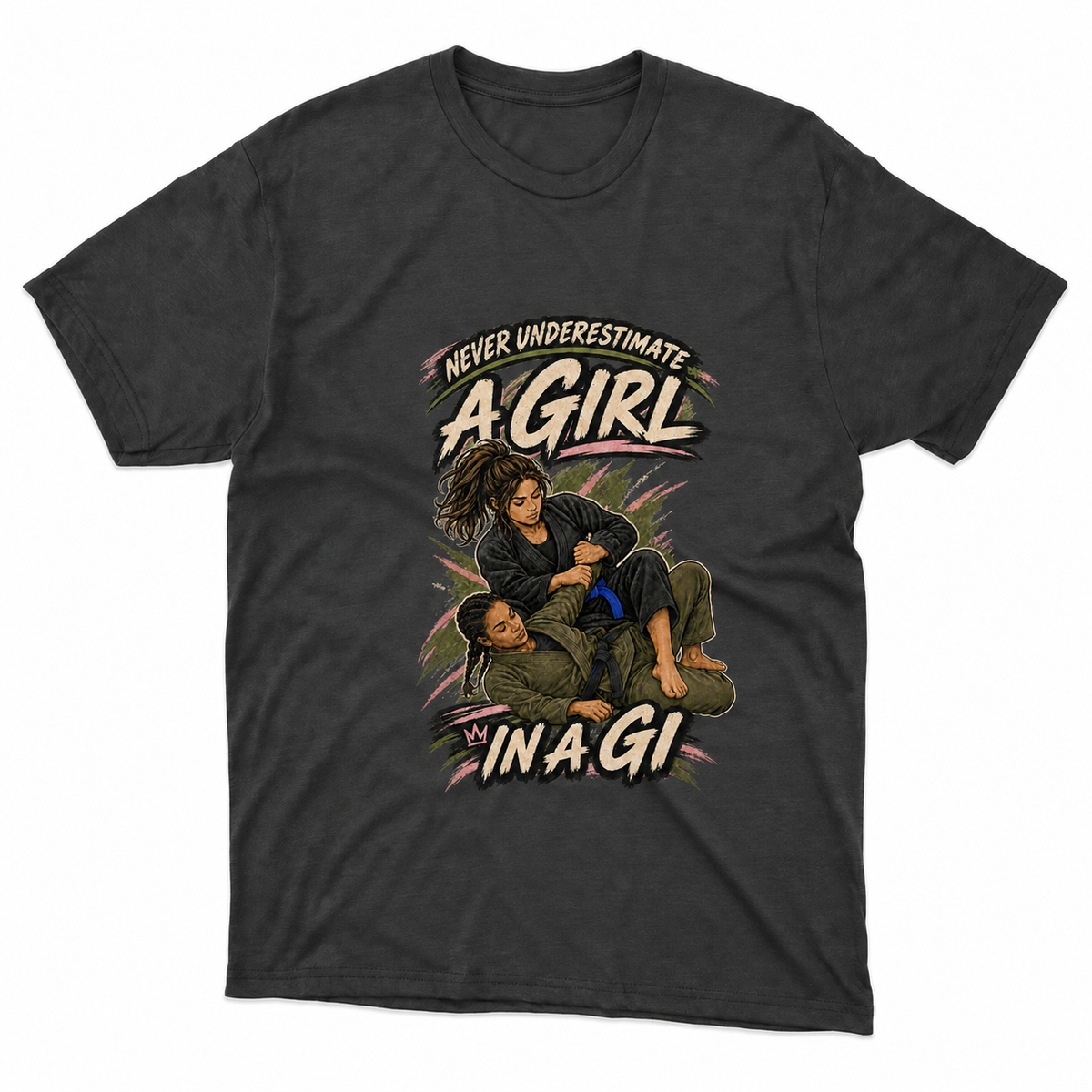 A dark charcoal gray graphic t-shirt featuring an illustration of a woman in Brazilian Jiu-Jitsu (BJJ) gear with the text 'NEVER UNDERESTIMATE A GIRL IN A GI'. The shirt is displayed flat against a clean white background.