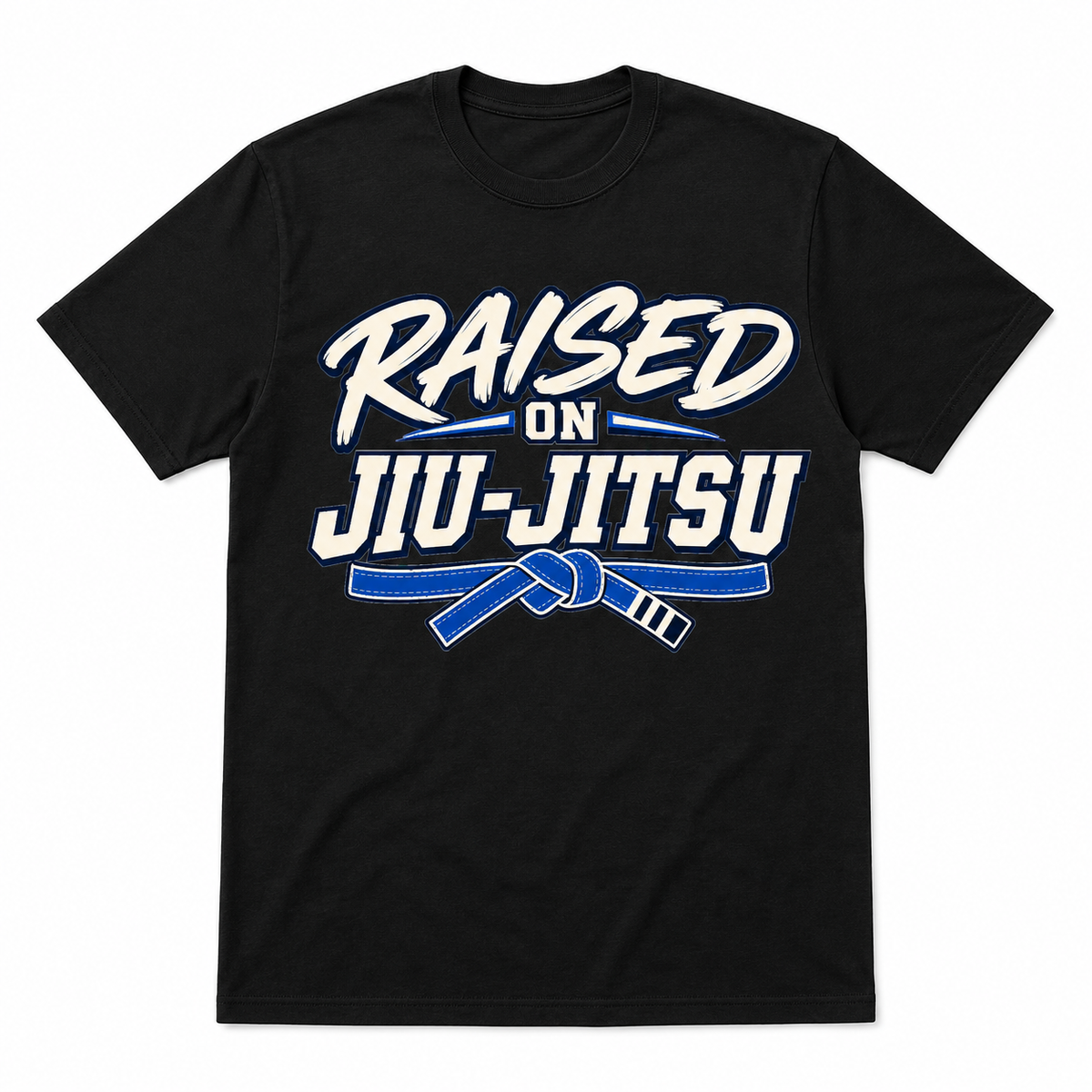 A black short-sleeve crewneck t-shirt featuring a graphic print on the front that reads 'RAISED ON JIU-JITSU' in white and blue lettering, with a blue martial arts belt tied in a knot below.