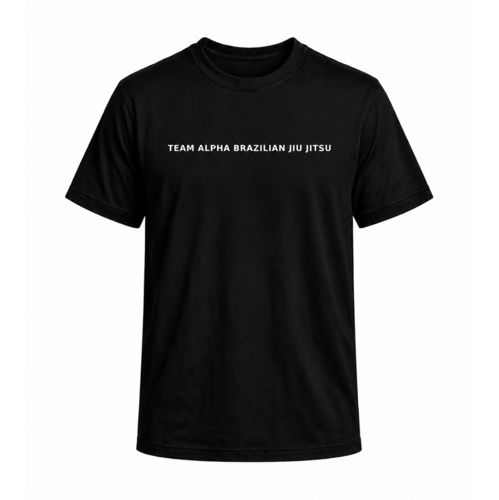 A black short-sleeve crewneck t-shirt with the text 'TEAM ALPHA BRAZILIAN JIU JITSU' printed in white capital letters across the chest, displayed on a solid white background.