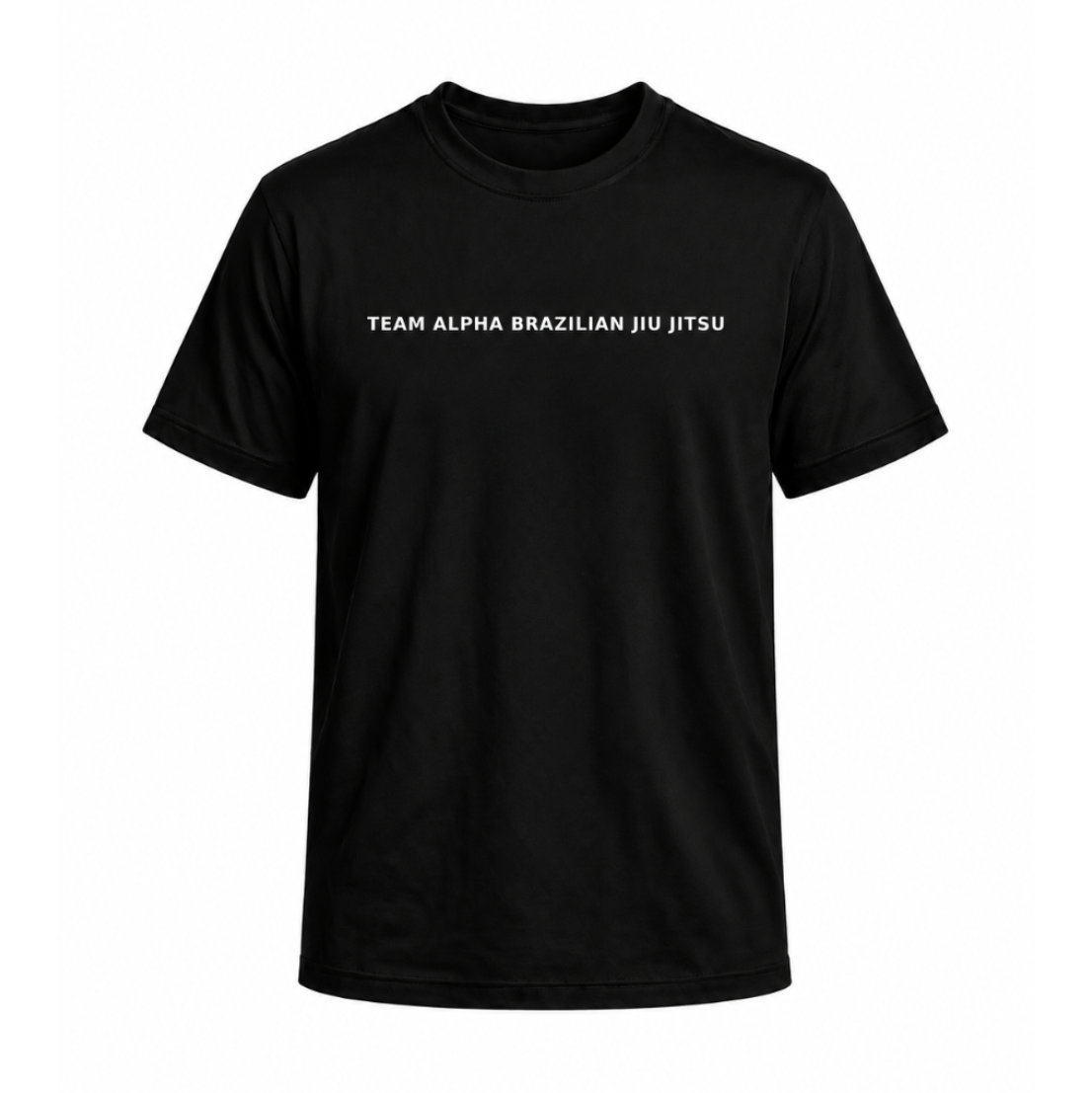A black short-sleeve crewneck t-shirt with the text 'TEAM ALPHA BRAZILIAN JIU JITSU' printed in white capital letters across the chest, displayed on a solid white background.