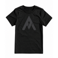 A black short-sleeve crewneck t-shirt featuring a dark gray geometric logo on the chest, displayed flat against a solid white background.