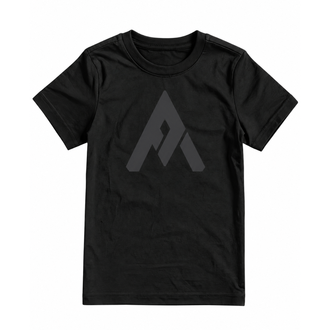 A black short-sleeve crewneck t-shirt featuring a dark gray geometric logo on the chest, displayed flat against a solid white background.