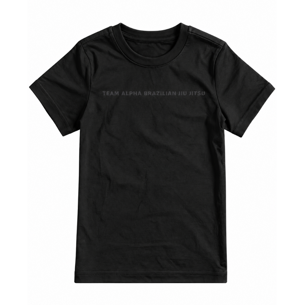 A black short-sleeve crewneck t-shirt with 'TEAM ALPHA BRAZILIAN JIU JITSU' printed in light gray across the chest, displayed flat against a white background.