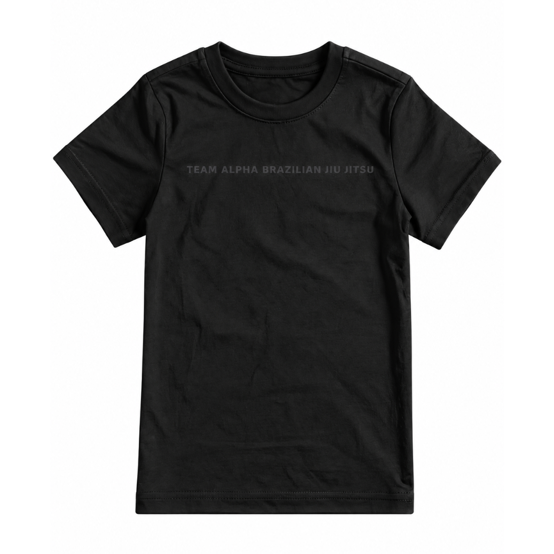 A black short-sleeve crewneck t-shirt with 'TEAM ALPHA BRAZILIAN JIU JITSU' printed in light gray across the chest, displayed flat against a white background.