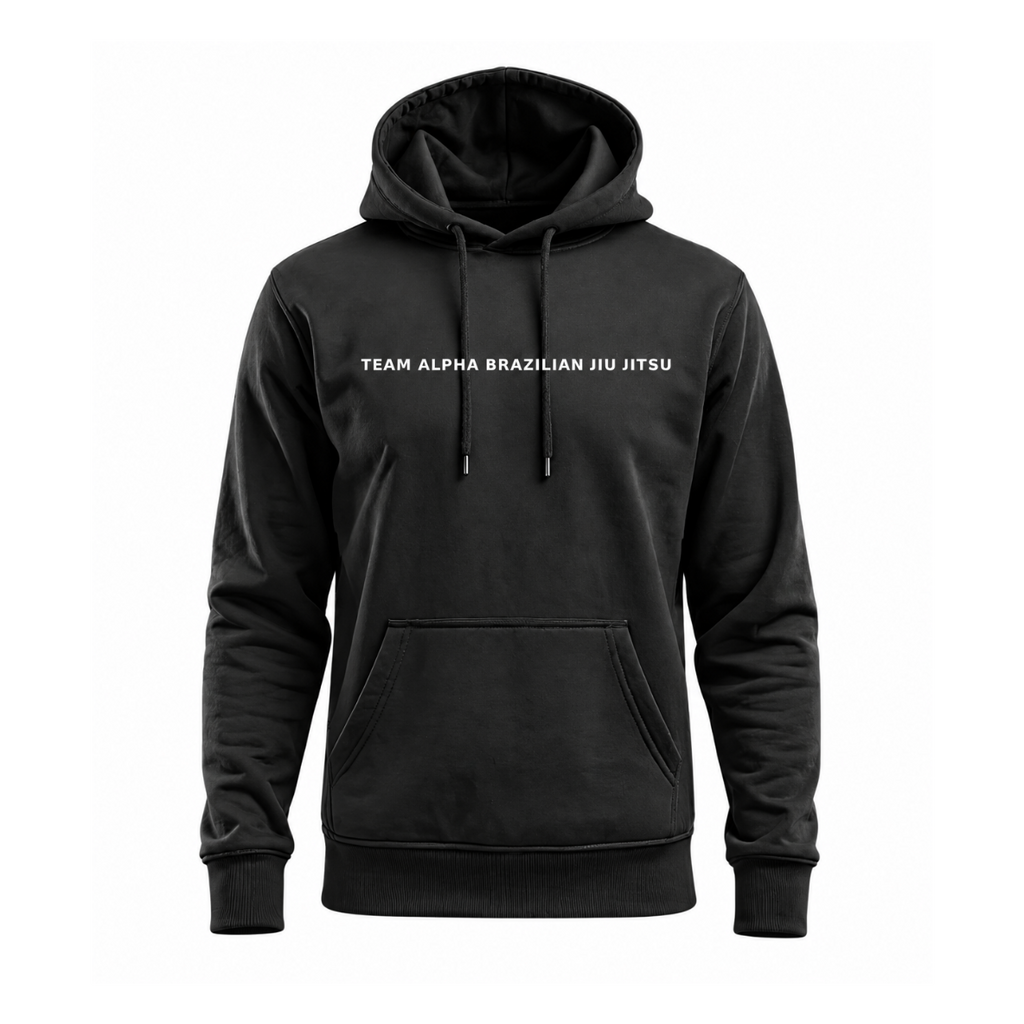 A black pullover hoodie with the text 'TEAM ALPHA BRAZILIAN JIU JITSU' printed in white across the chest, displayed on a clean white background.