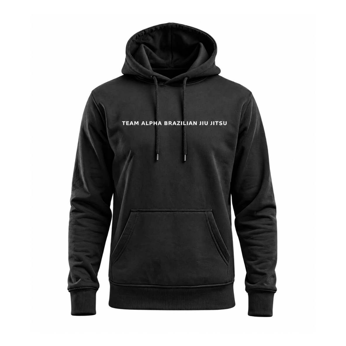 A black pullover hoodie with the text 'TEAM ALPHA BRAZILIAN JIU JITSU' printed in white across the chest, displayed on a clean white background.