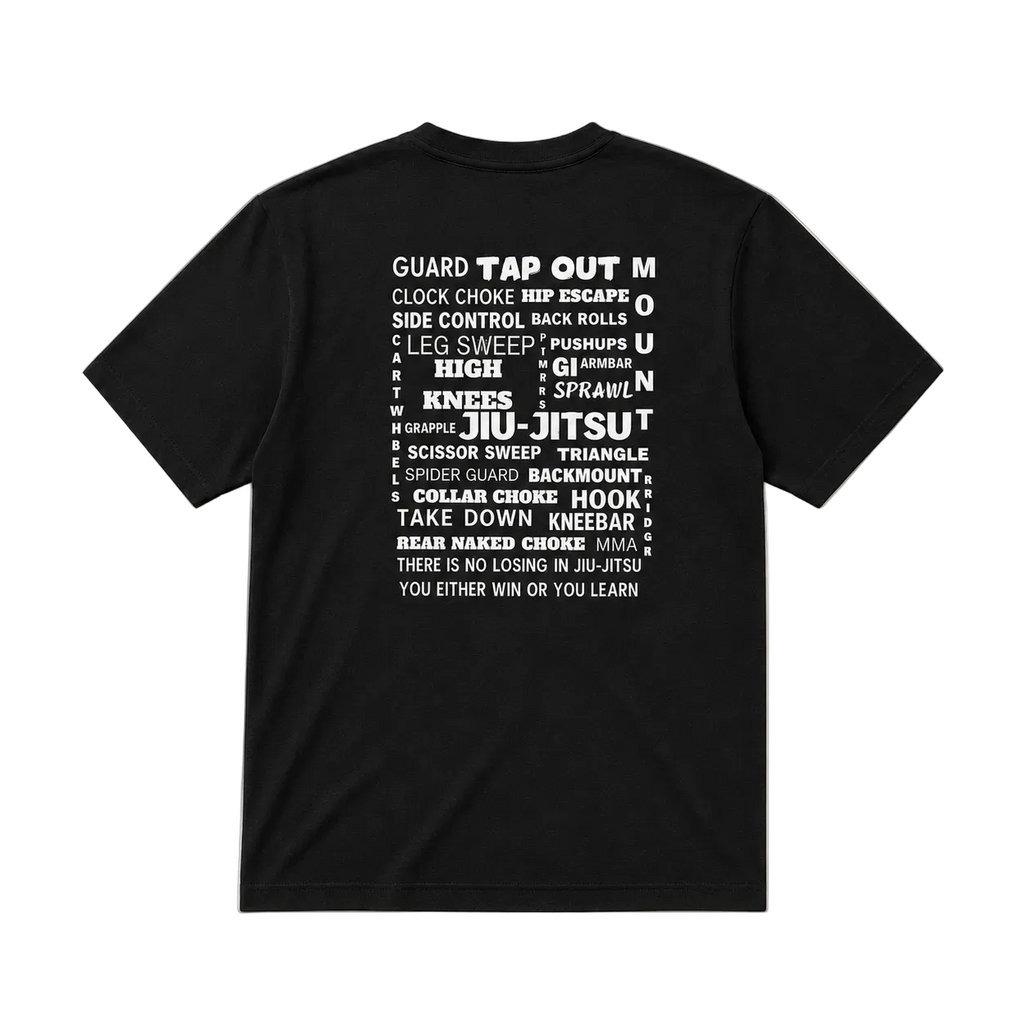 A black short-sleeve t-shirt shown from the back, featuring a large white text graphic listing various martial arts techniques,  laid flat against a light beige background.