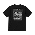 A black short-sleeve t-shirt shown from the back, featuring a large white text graphic listing various martial arts techniques,  laid flat against a light beige background.