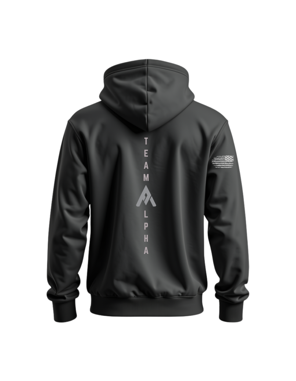 Charcoal Gray Hoodie with vertical Team Alpha on back
