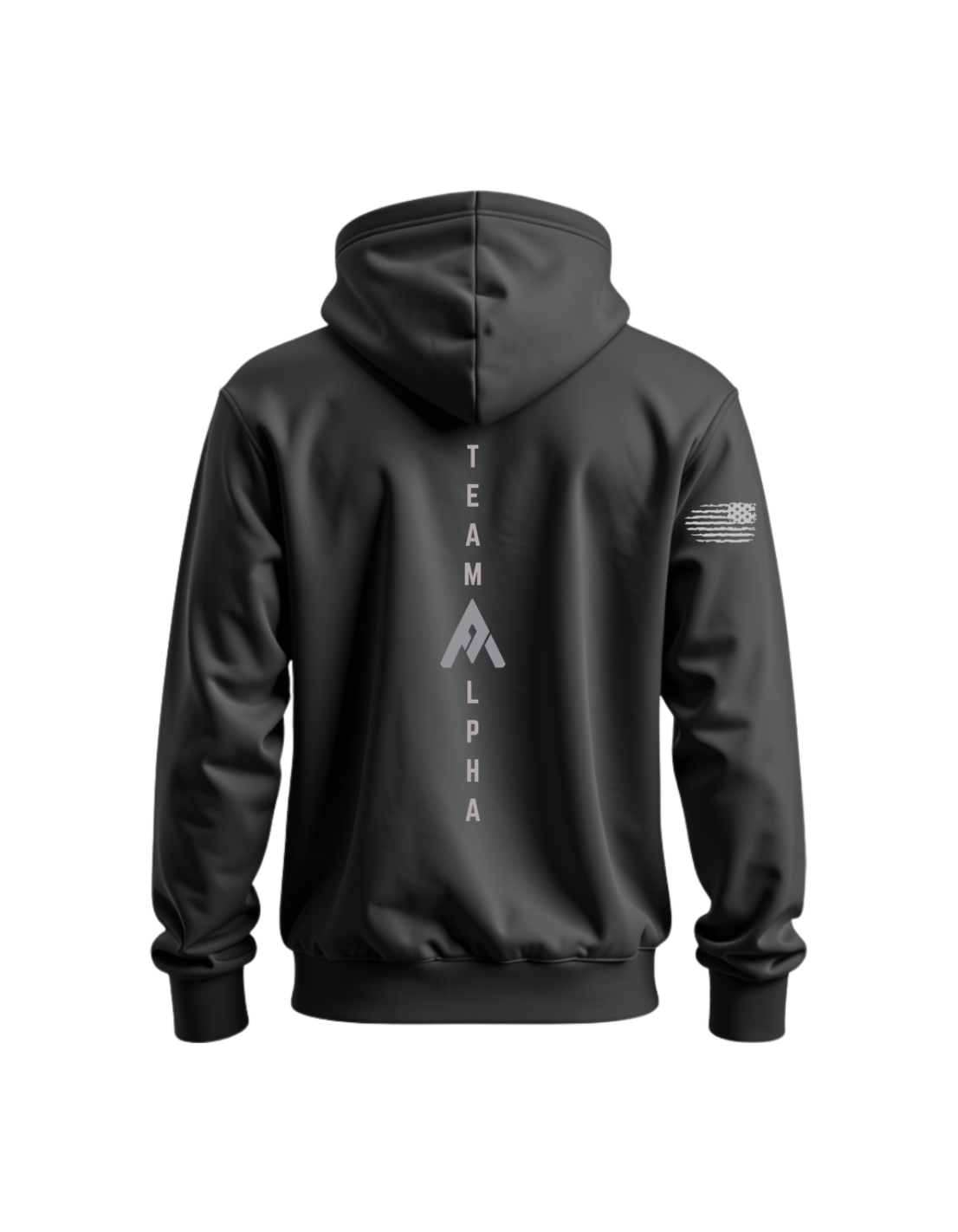 Charcoal Gray Hoodie with vertical Team Alpha on back