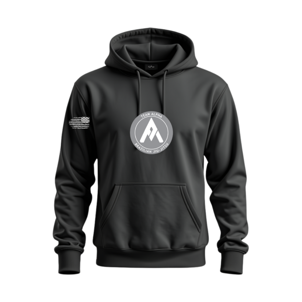 Charcoal Gray Hoodie with vertical Team Alpha on back