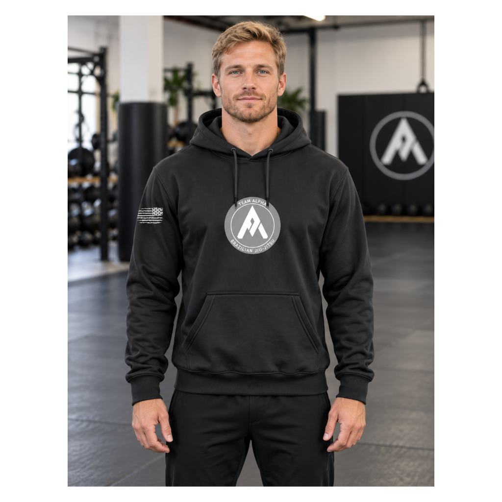 Charcoal Gray Hoodie with vertical Team Alpha on back