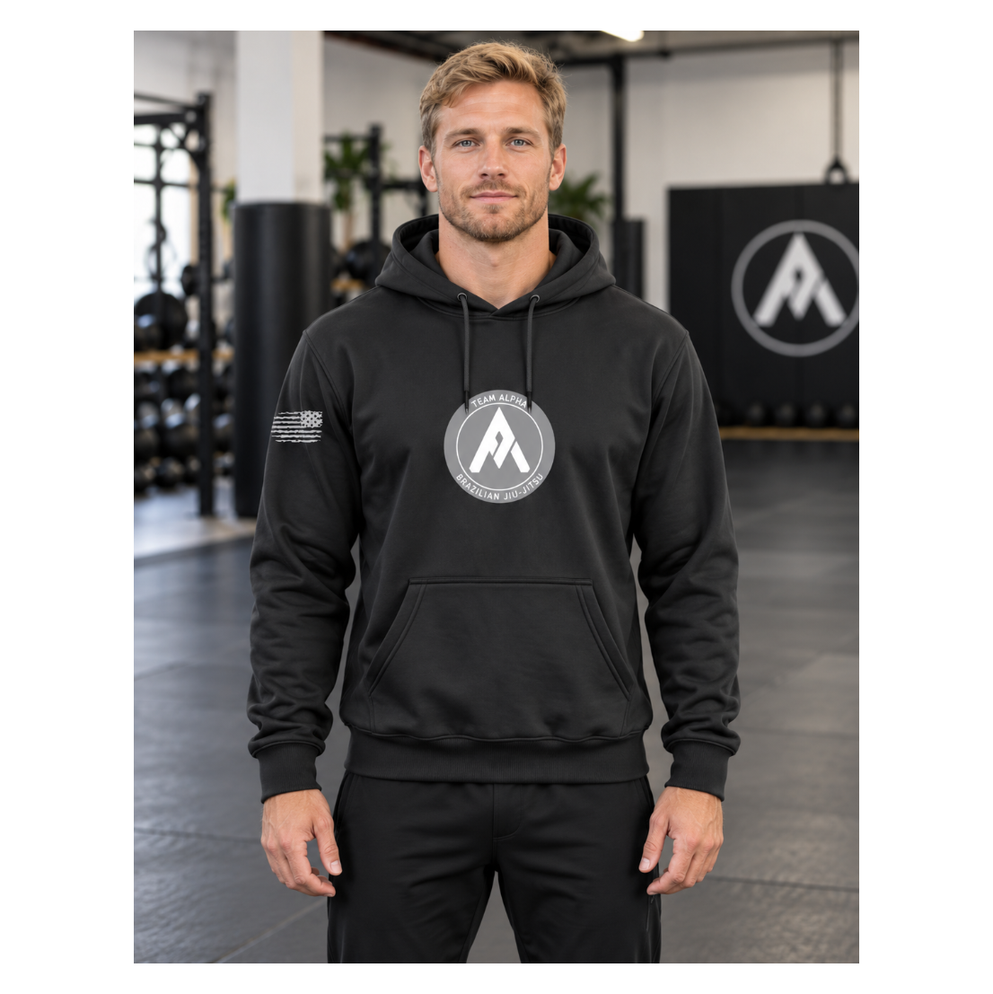 Charcoal Gray Hoodie with vertical Team Alpha on back