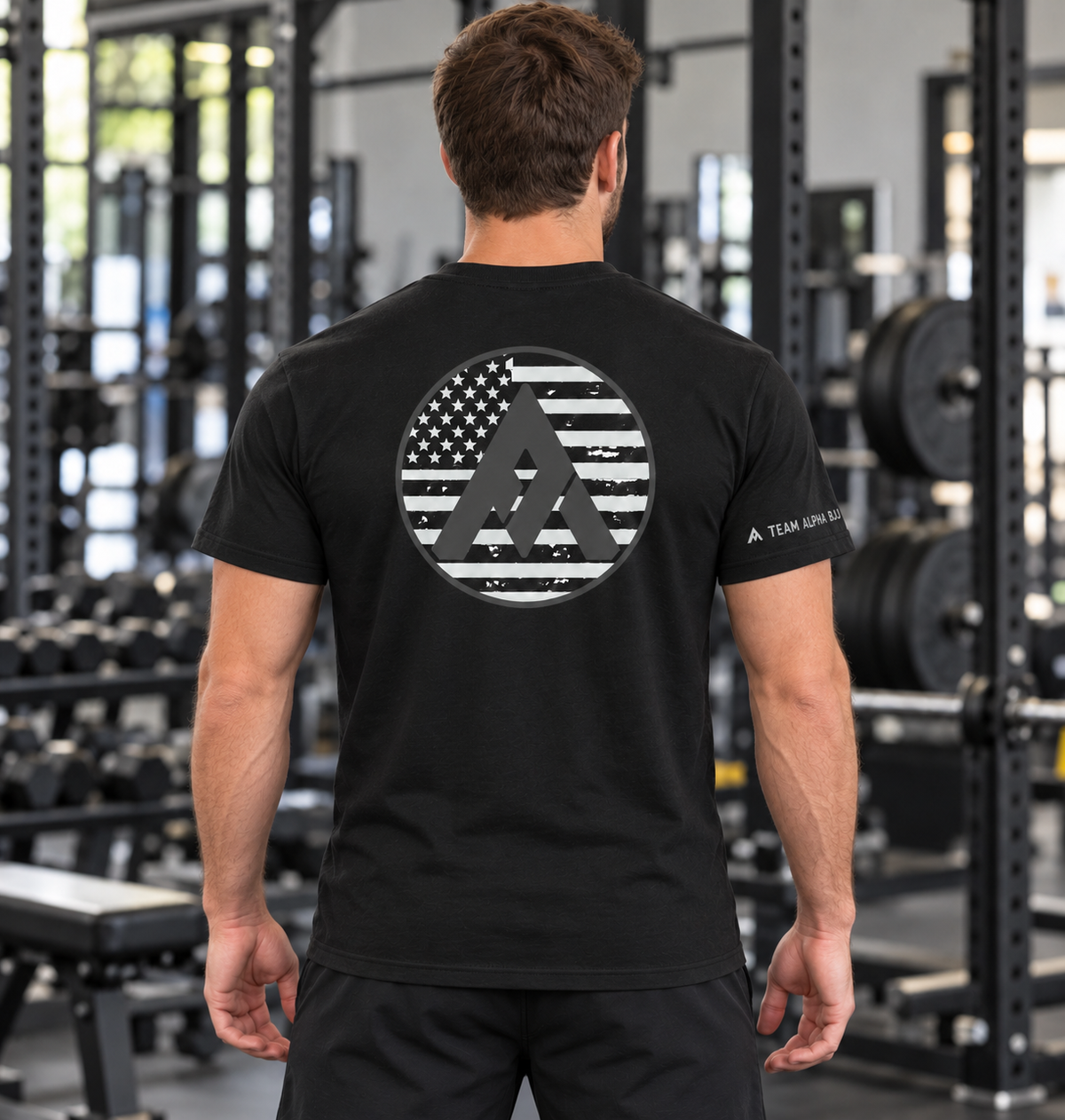 Team Alpha logo with flag on back