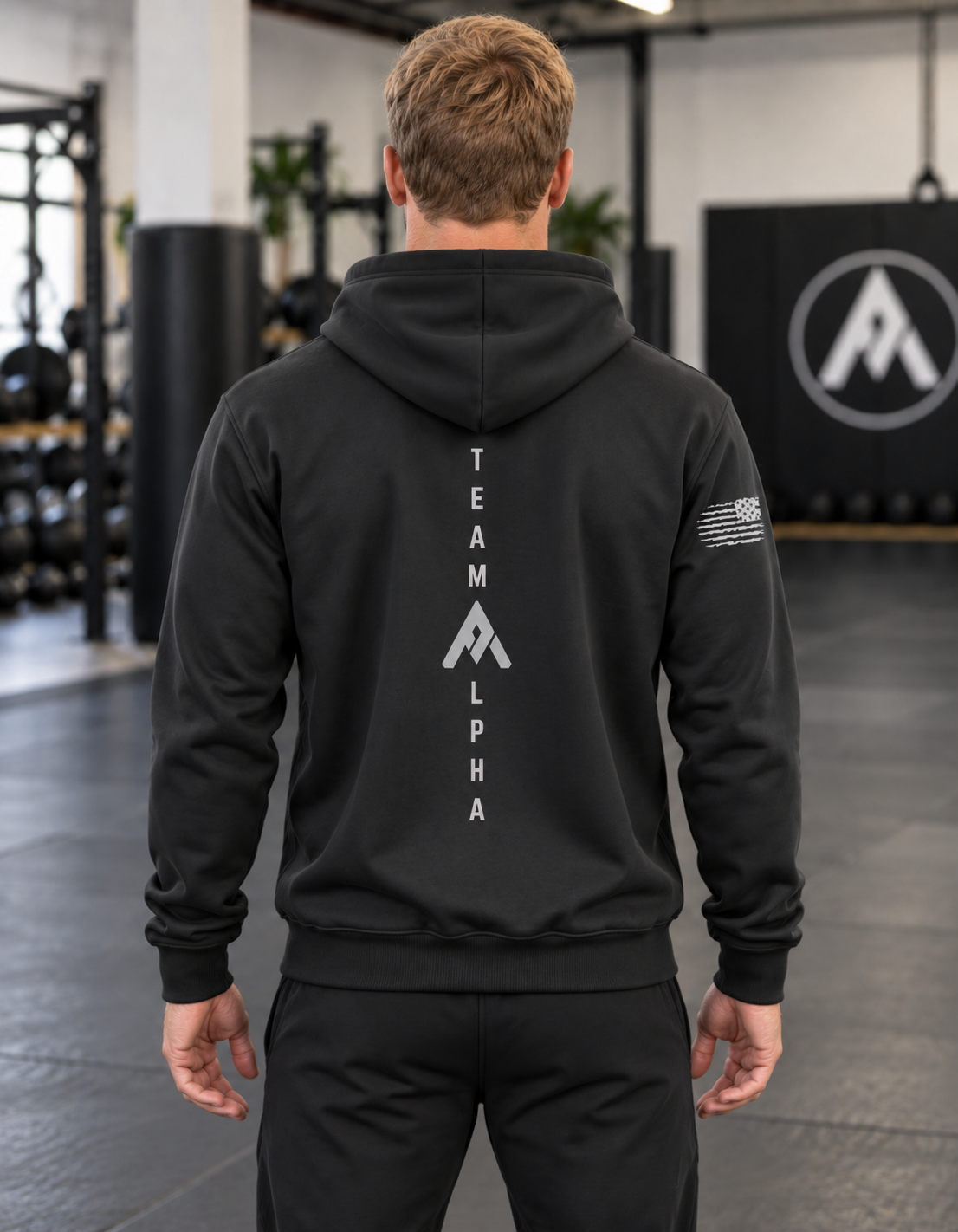 Charcoal Gray Hoodie with vertical Team Alpha on back