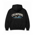 A black pullover hoodie shown from the back, featuring a graphic print with the word 'CHAMPIONS' in cream arched text above a blue wave and a small yellow sun, with the phrase 'ALWAYS FIND A WAY' underneath.