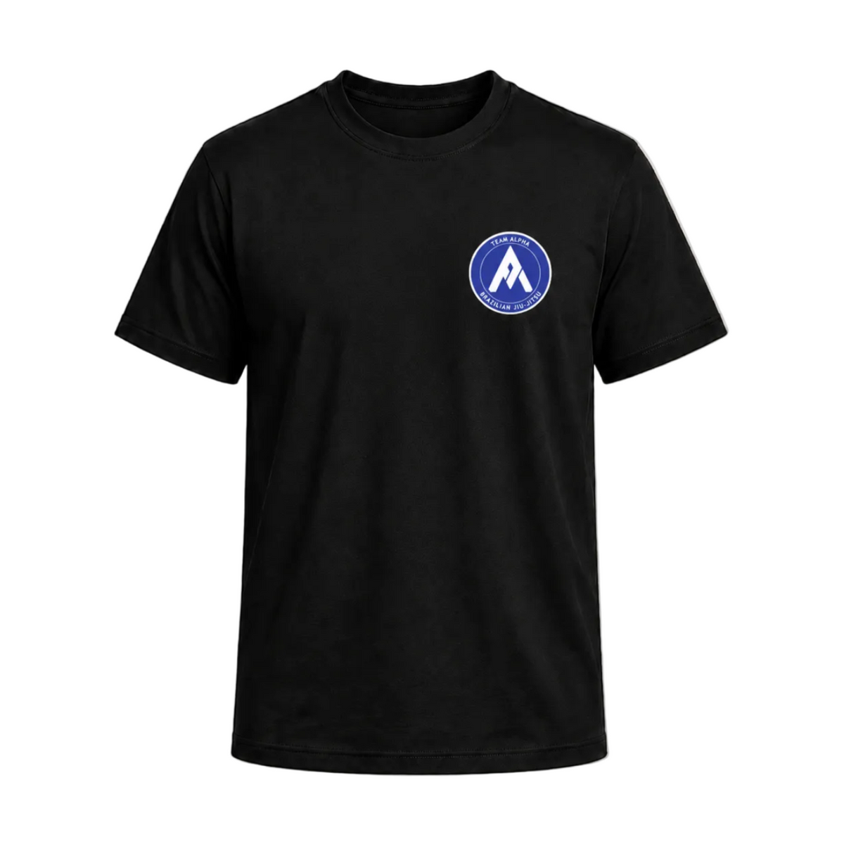 A black short-sleeve crewneck t-shirt with a circular blue and white graphic printed on the left chest, displayed on a solid white background.