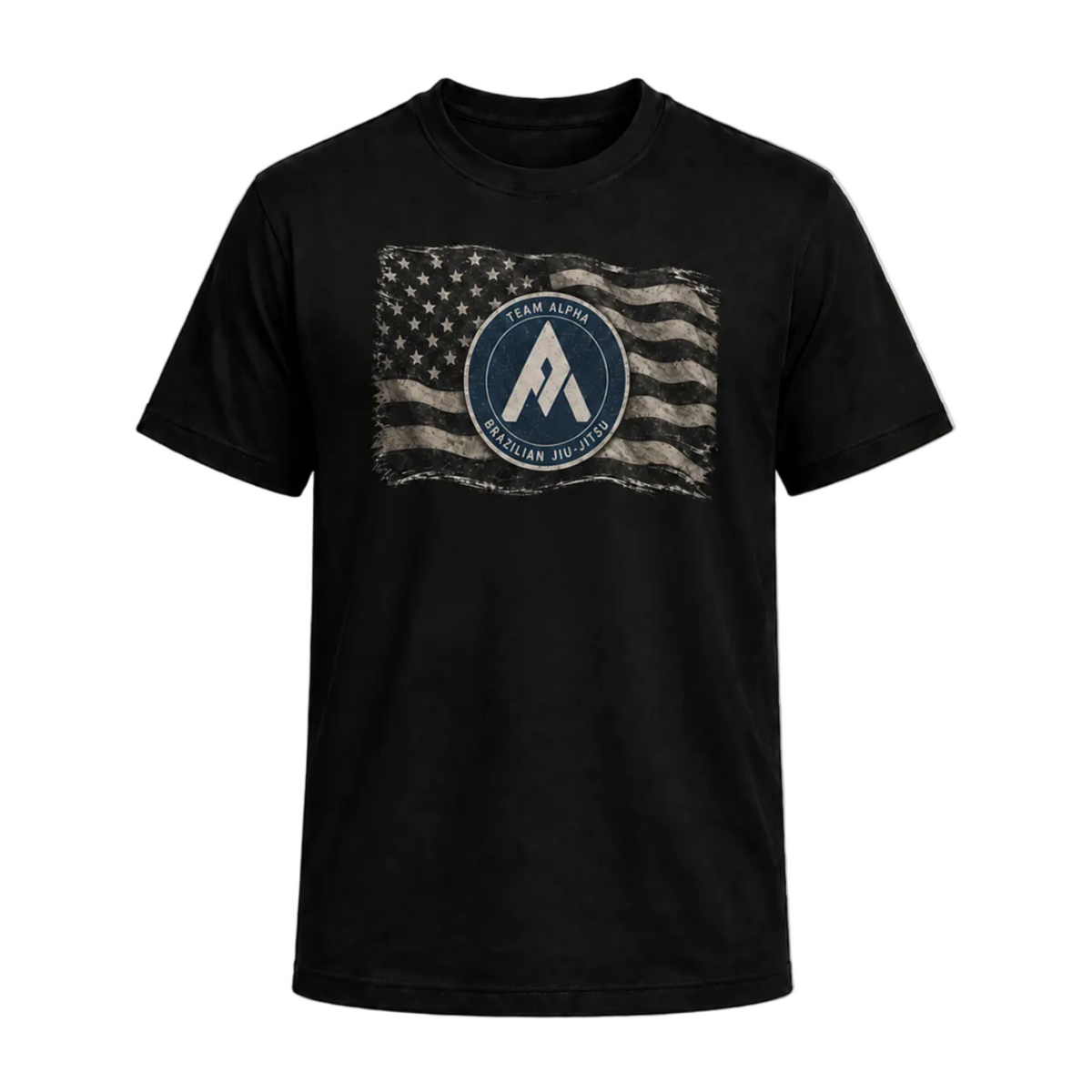 A black short-sleeve crewneck t-shirt featuring a distressed graphic of a waving American flag with a circular emblem in the center containing a stylized letter 'A' and the words 'TEAM ALPHA'.