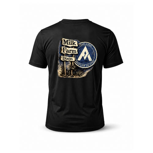 A black short-sleeve t-shirt shown from the back, featuring a large graphic print on the center back with a vintage-style 'Milk Farm Dixon' sign and a circular 'TEAM ALPHA' emblem.