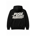 A black pullover hoodie shown from the back, featuring a bold white graphic print that reads 'PUSH BOUNDARIES' across the upper back.