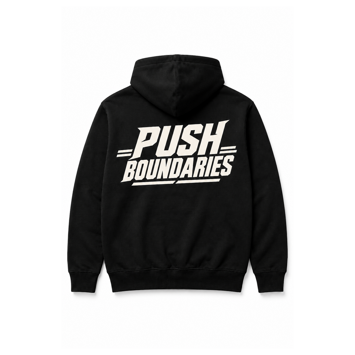 A black pullover hoodie shown from the back, featuring a bold white graphic print that reads 'PUSH BOUNDARIES' across the upper back.