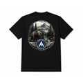 A black short-sleeve t-shirt shown flat against a white background, featuring a large circular back graphic with a grizzly bear in a pine forest and mountain scene, plus a blue circular 'TEAM ALPHA' logo.