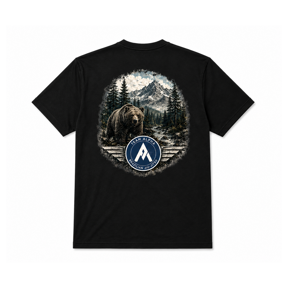 A black short-sleeve t-shirt shown flat against a white background, featuring a large circular back graphic with a grizzly bear in a pine forest and mountain scene, plus a blue circular 'TEAM ALPHA' logo.
