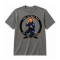 A gray acid-wash t-shirt featuring a circular graphic of a Brazilian Jiu-Jitsu (BJJ) woman in a blue gi with a black belt. The graphic includes the text 'YOU EITHER WIN OR YOU LEARN' in beige.